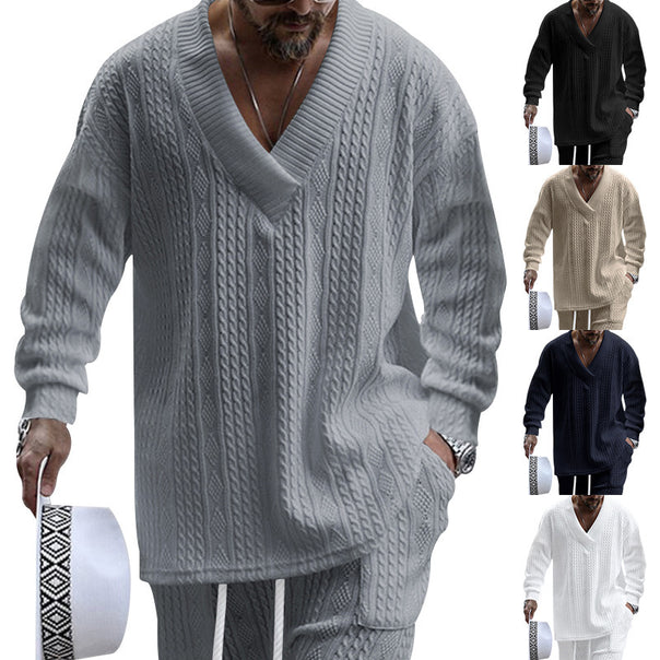 Men's cable knit set with deep V-neck and drawstring joggers Mune Fashion