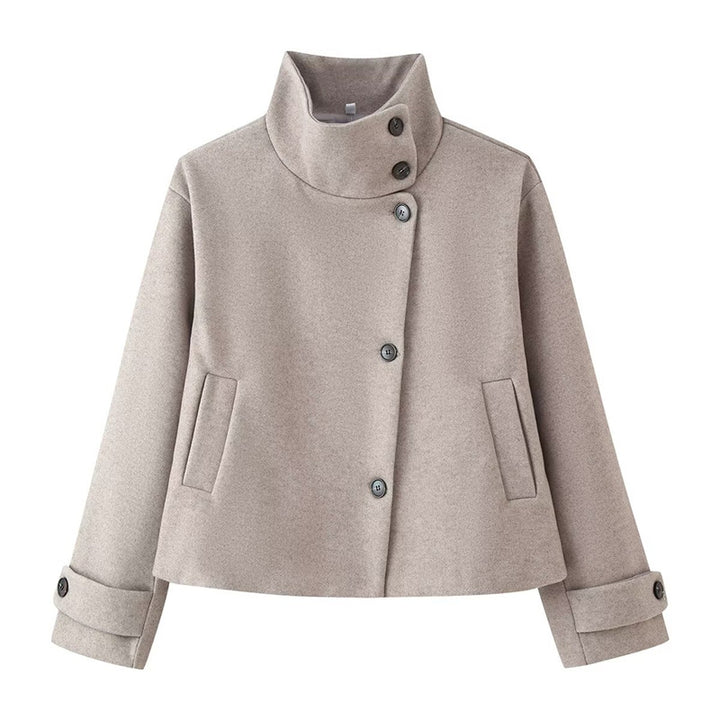 Women short boxy wool jacket with stand-up collar and cuffs Mune Fashion