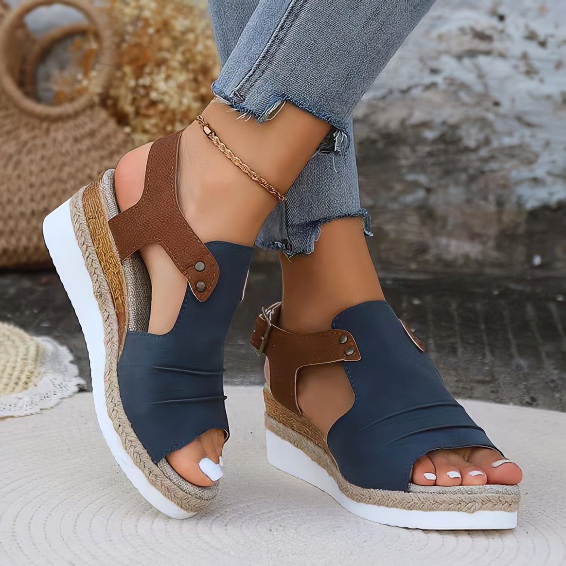 Women's wedge sandals with jute-wrapped espadrille platform, adjustable heel strap, and padded comfort footbed Mune Fashion