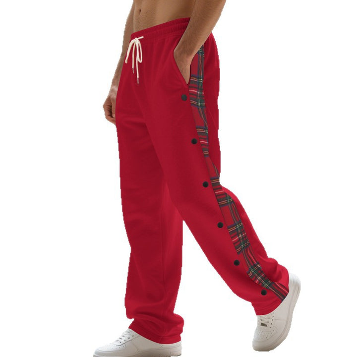 Men's Relaxed-Fit Jogging Pants with Snap Button Side Slit and Check Panel Mune Fashion