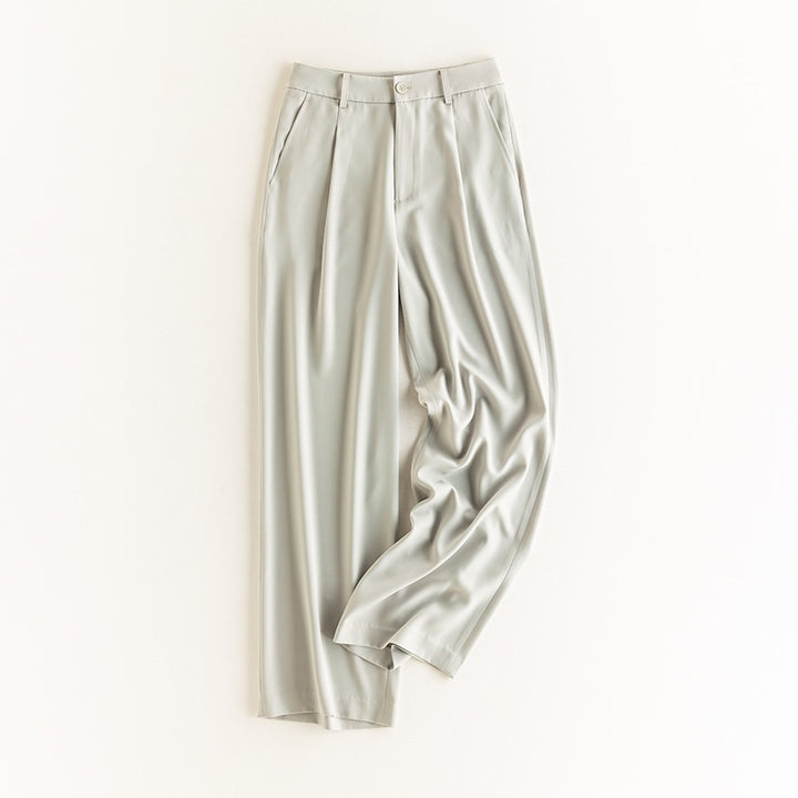 Women Wide High-Waisted Satin Pants with Pleats and Side Pockets Mune Fashion