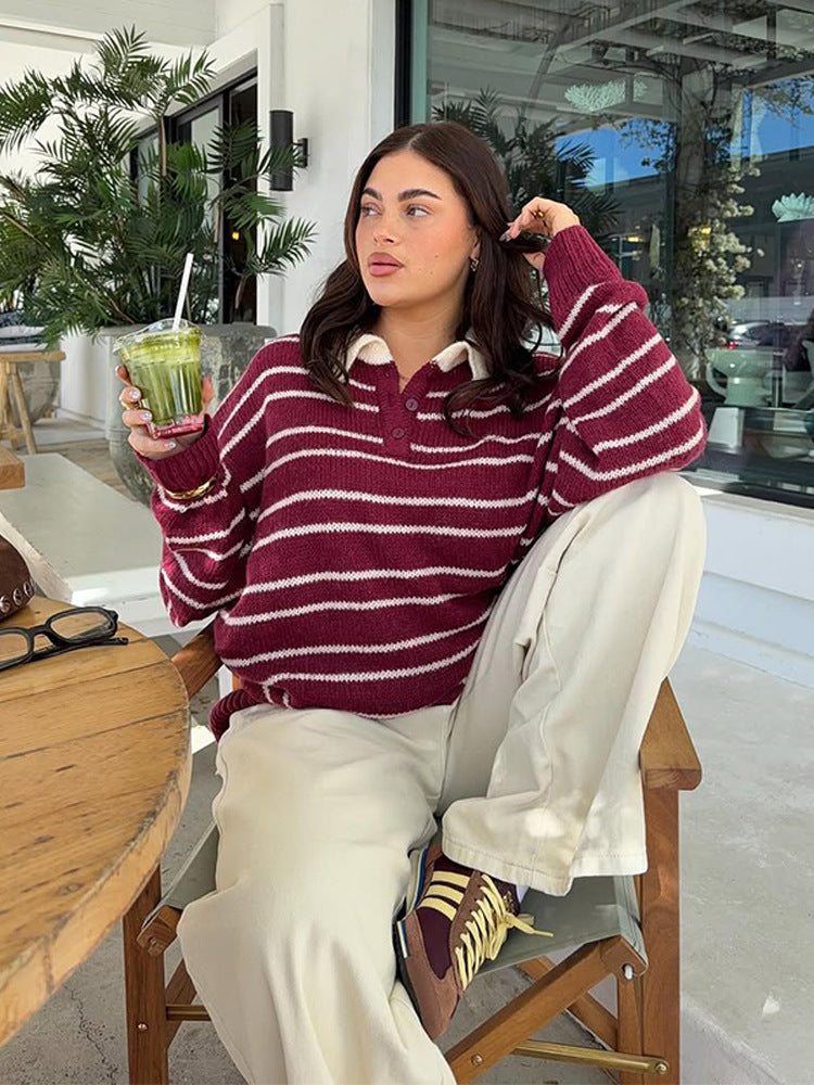 Women's Oversized Knit Sweater with Polo Collar & Stripe Pattern Mune Fashion