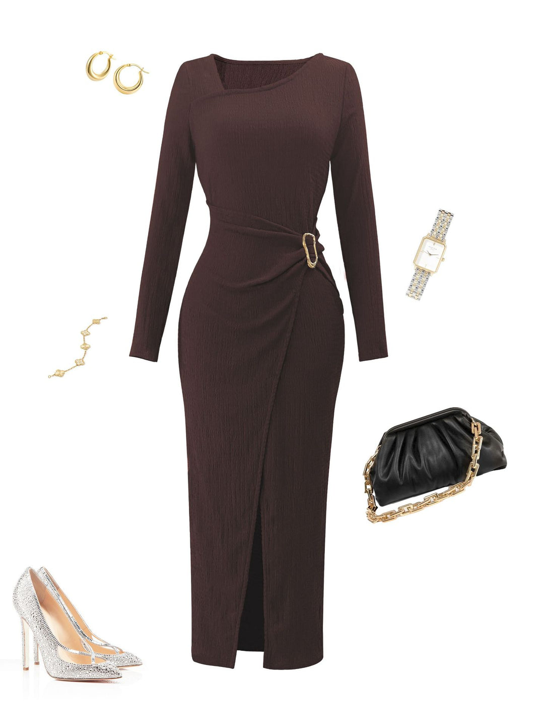 Women asymmetrical wrap midi dress with decorative belt, draping and high leg slit Mune Fashion
