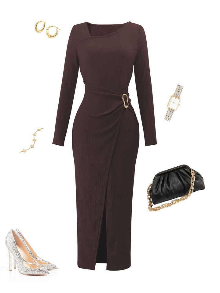 Women asymmetrical wrap midi dress with decorative belt, draping and high leg slit Mune Fashion