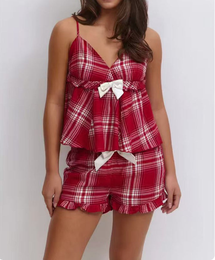 Women's casual pajama set with gathered camisole top, ruffled underbust and pants with elastic waistband Mune Fashion