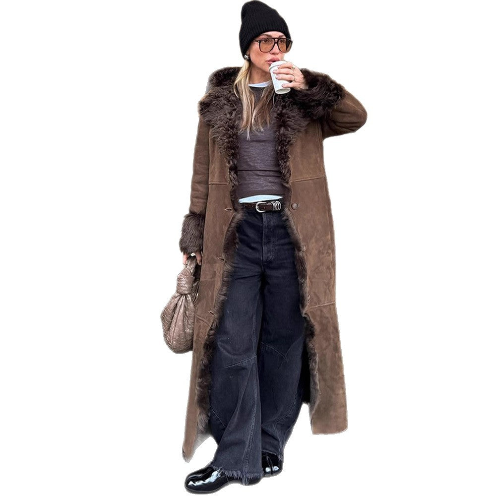 Women's Maxi-Length Faux Velvet Coat in Shearling Style with Shawl Collar and Button Placket Mune Fashion