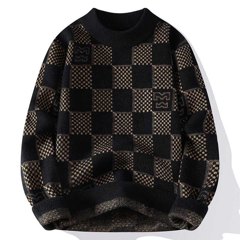 Men's checked oversized knit sweater with round neckline, soft fine knit and structured jacquard pattern Mune Fashion