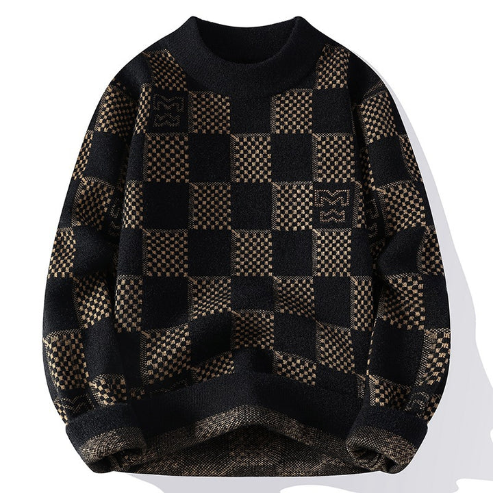 Men's checked oversized knit sweater with round neckline, soft fine knit and structured jacquard pattern Mune Fashion