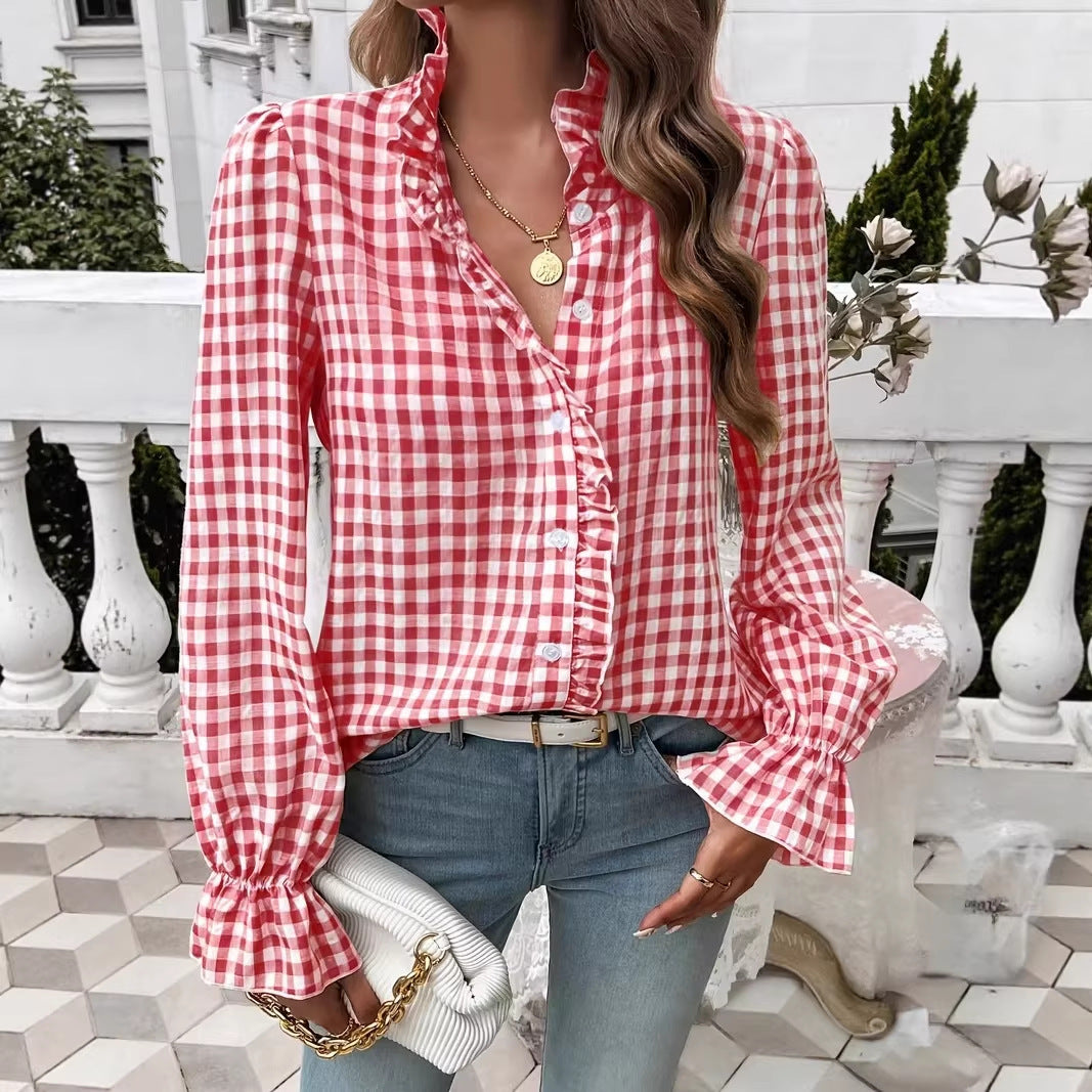 Women's checkered ruffle blouse with stand-up collar, concealed button placket, and bell sleeves Mune Fashion