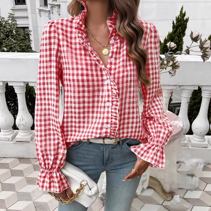 Women's checkered ruffle blouse with stand-up collar, concealed button placket, and bell sleeves Mune Fashion