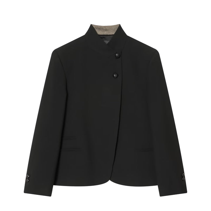 Women Tailored Short Blazer with Stand-Up Collar and Asymmetrical Button Placket Mune Fashion