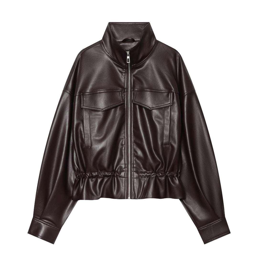 Women Cropped Faux Leather Jacket with High Stand Collar, Patch Chest Pockets and Drawstring Waist Drune