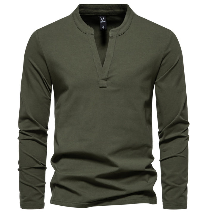 Men's long-sleeved Henley shirt with stand-up collar, deep V-opening and slim fit Mune Fashion
