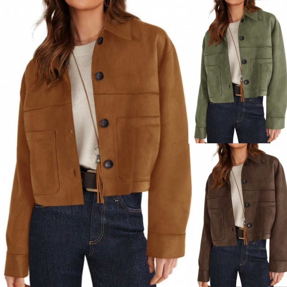 Women's short suede-look jacket with patch pockets and shirt collar Mune Fashion