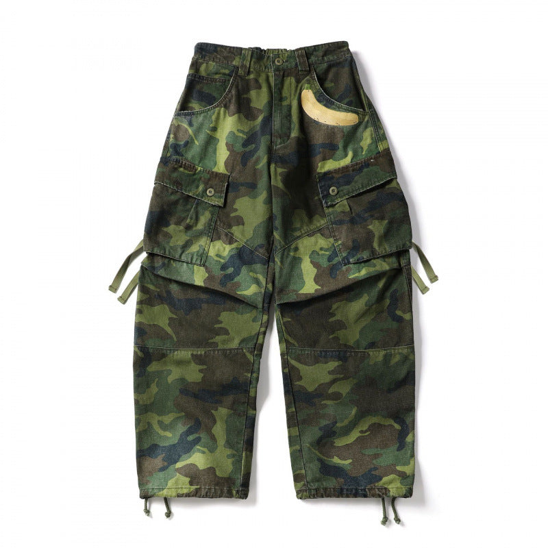 Unisex locker cut cargo pants with banana appliqué, large patch pockets and adjustable hem Mune Fashion