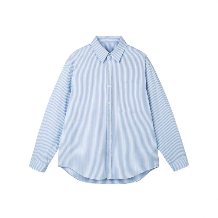 Women's oversized shirt with fine stripes, breast pocket, and rounded hem Mune Fashion