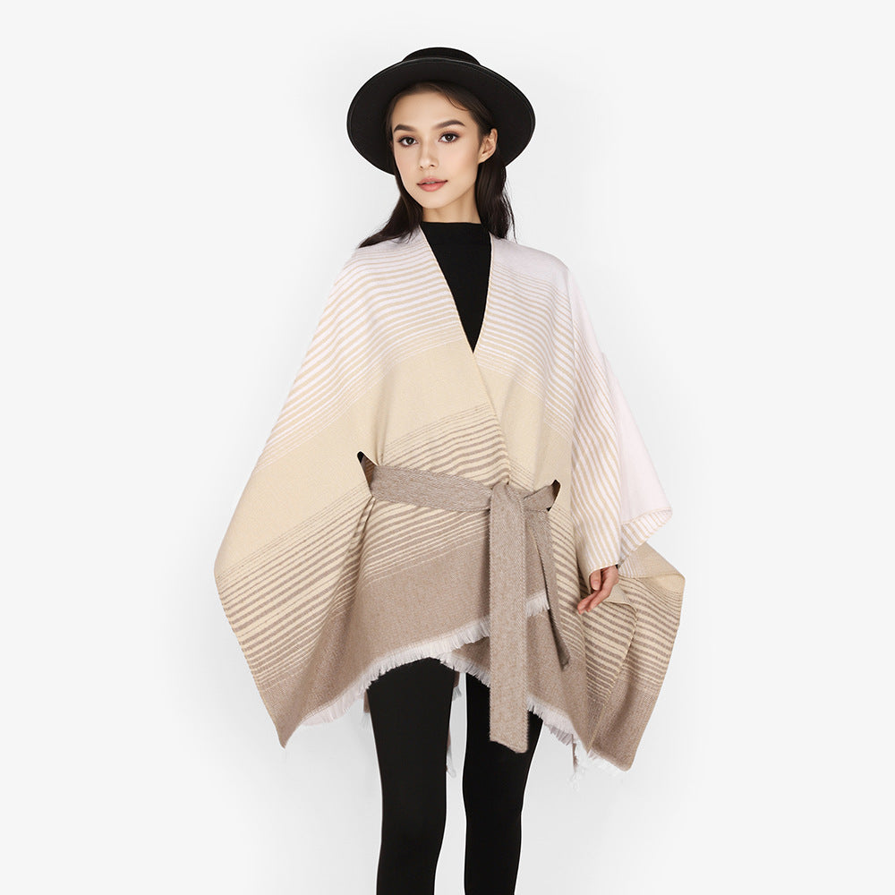 Ladies wrap poncho made of fine knit with tie belt and fringed hem Mune Fashion