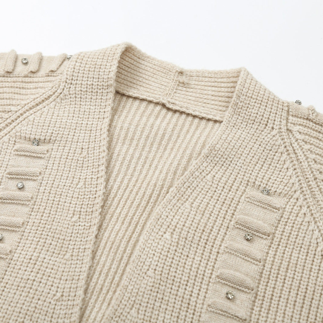 Ladies chunky knit cardigan with rhinestone trim, braided cord, and open V-neck Mune Fashion