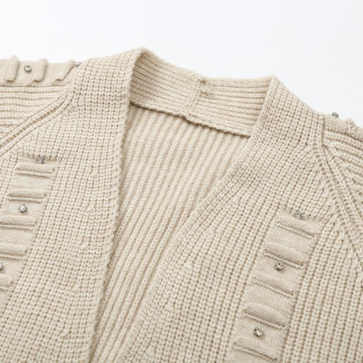 Ladies chunky knit cardigan with rhinestone trim, braided cord, and open V-neck Mune Fashion