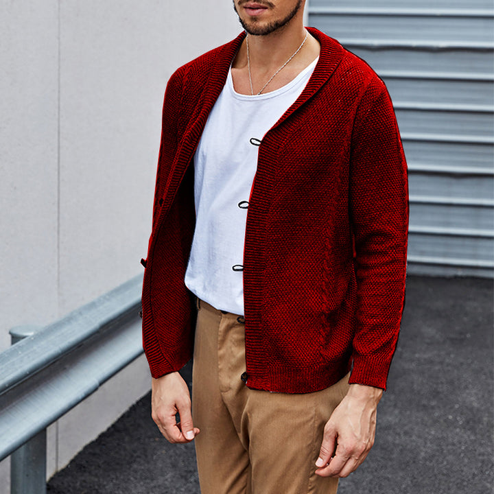 Men's fine knit cardigan with shawl collar, snap-hook closures, and textured knit Mune Fashion