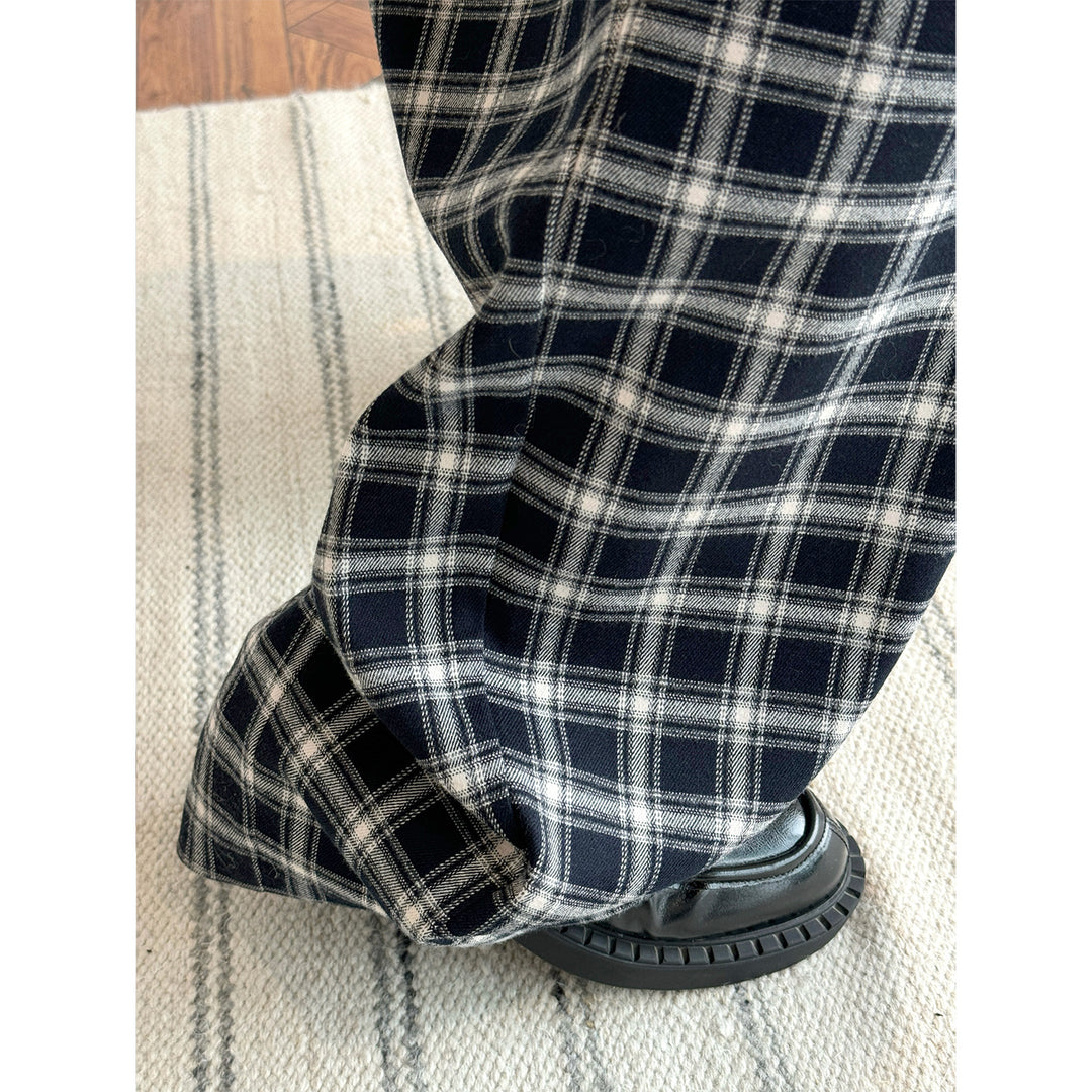 Ladies Wide Checkered High-Waist Baggy Pants with Drawstring Mune Fashion
