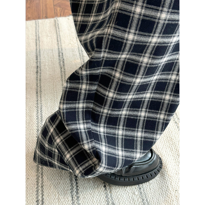Ladies Wide Checkered High-Waist Baggy Pants with Drawstring Mune Fashion