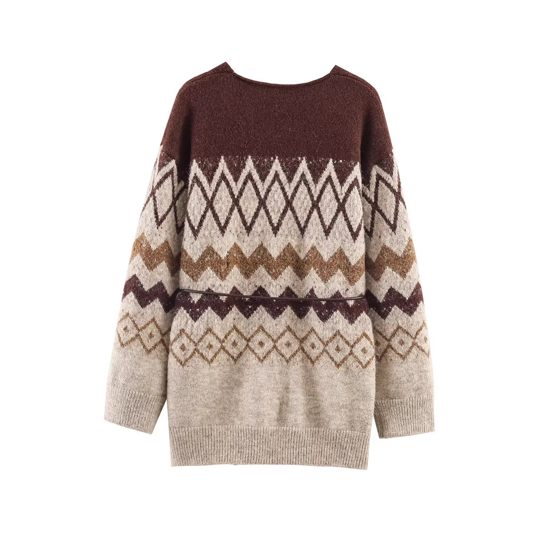 Women's Patterned Knit Cardigan with V-Neck, Button Placket and Waistband Mune Fashion
