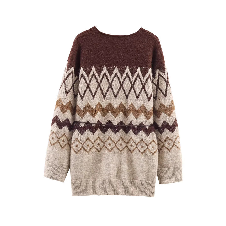 Women's Patterned Knit Cardigan with V-Neck, Button Placket and Waistband Mune Fashion