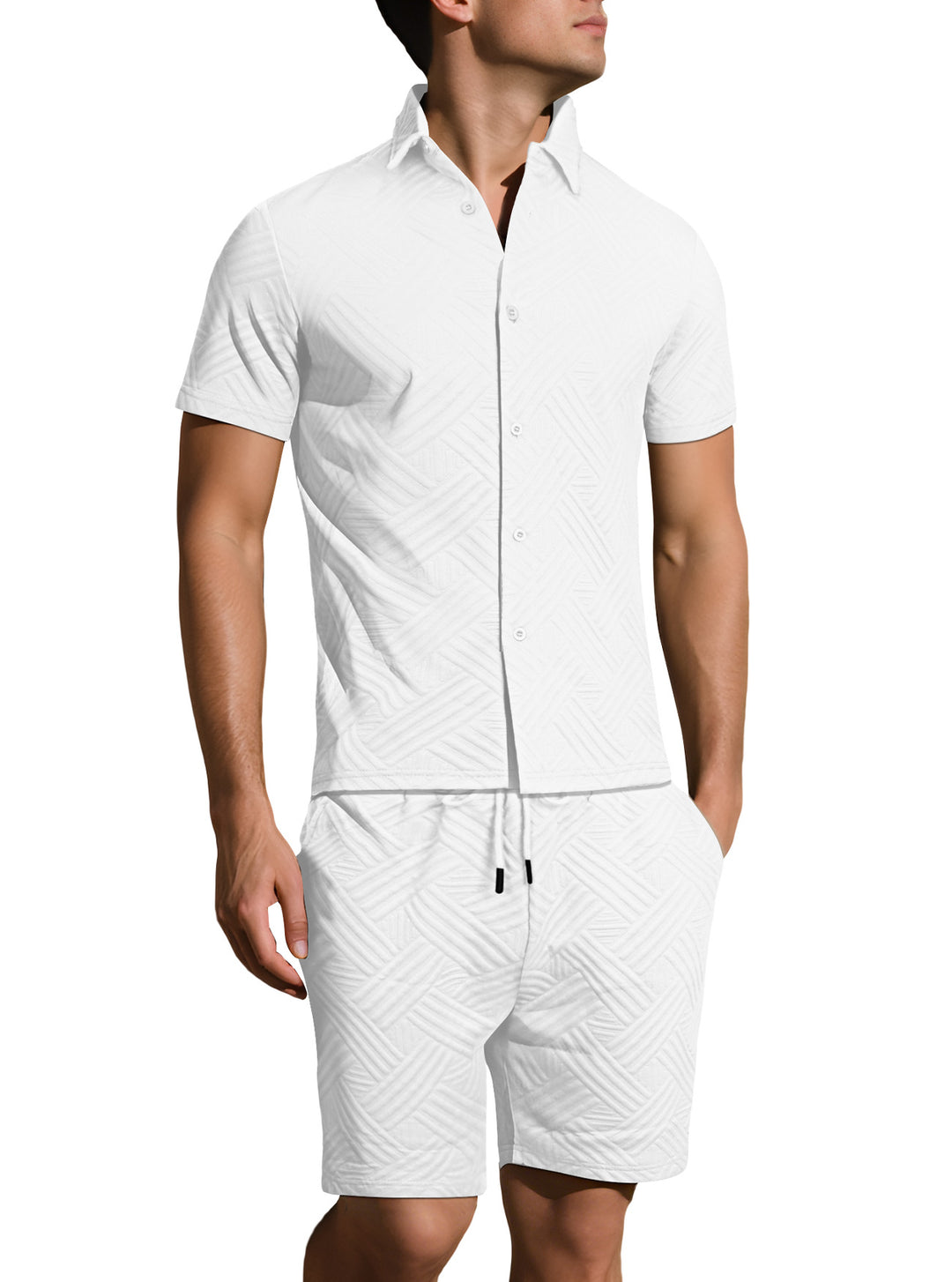 Men's lightweight short-sleeve shirt and Bermuda two-piece set with embossed woven texture and drawstring waistband Mune Fashion