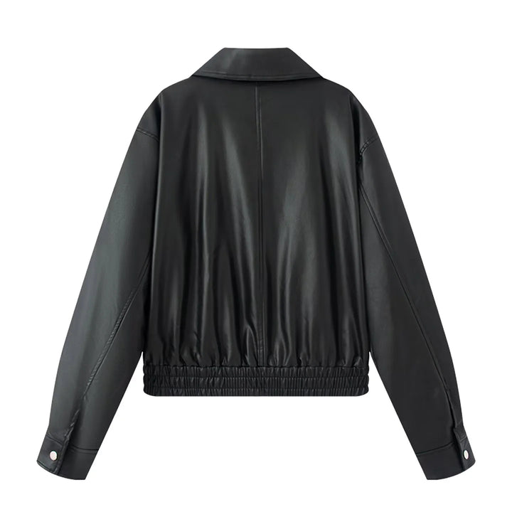 Women's Oversize Faux Leather Bomber Jacket with Shirt Collar, Contrasting Material Look and Elastic Hem Mune Fashion