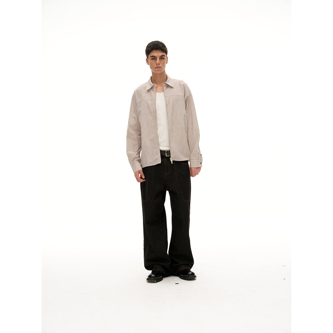 Unisex Lightweight Striped Shirt Jacket with Continuous Zipper and Chest Piped Pocket Mune Fashion