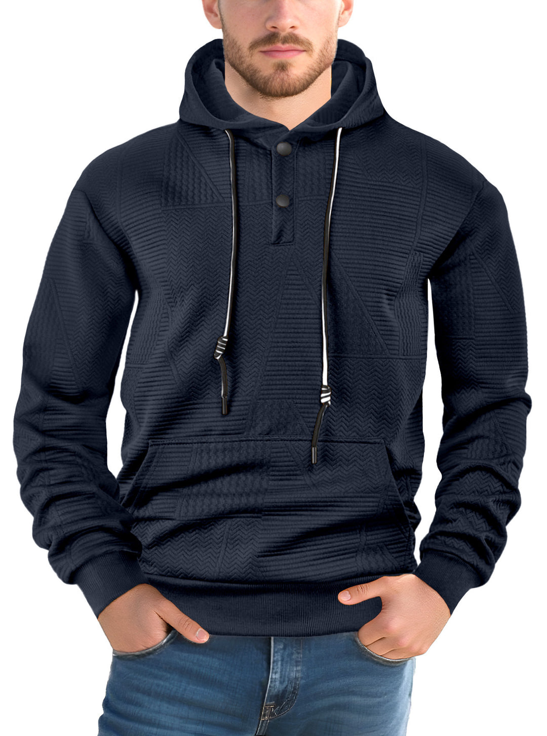 Men's Textured Hoodie with Quilted Patch Structure and Snap Button Placket Mune Fashion