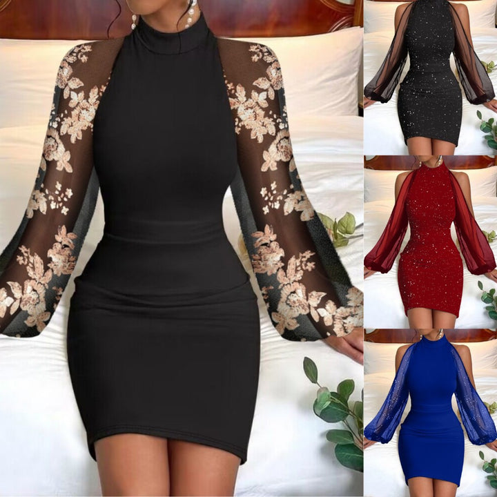 Women’s Fitted Sheath Dress with Stand Collar and Transparent Embroidered Trumpet Sleeves Mune Fashion