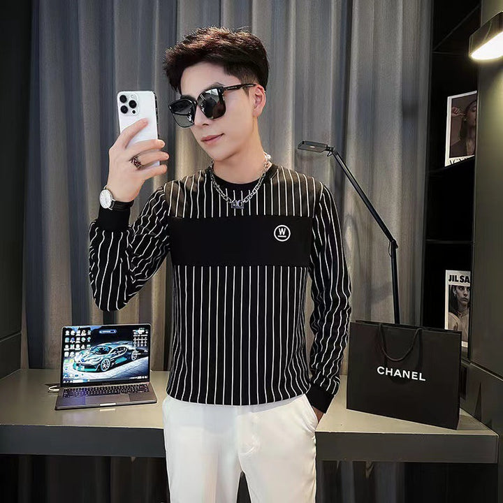 Men Striped Long Sleeve Shirt with Chest Yoke and Round Neckline Mune Fashion