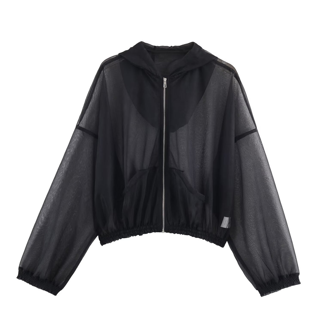 Women's Transparent Mesh Training Jacket with Hood, Full Zip and Elastic Hem Mune Fashion