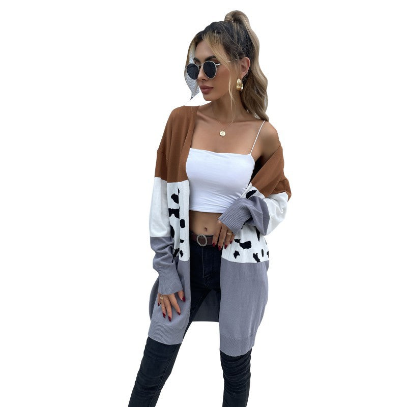 Women's Open Long Cardigan in Block Design with Animal Intarsia and Ribbed Finishes Mune Fashion