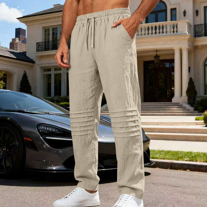 Men's Linen Look Lounge Pants with Drawstring Elastic Waistband and Quilted Knee Panels Mune Fashion