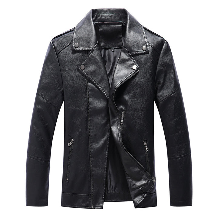 Men's biker leather-look jacket with asymmetrical zipper, shoulder patches, and quilted sleeve section Mune Fashion