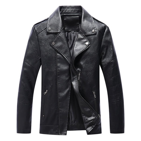 Men's Slim Fit Faux Leather Biker Jacket with Quilted Arm Panels and Lapel Collar Mune Fashion