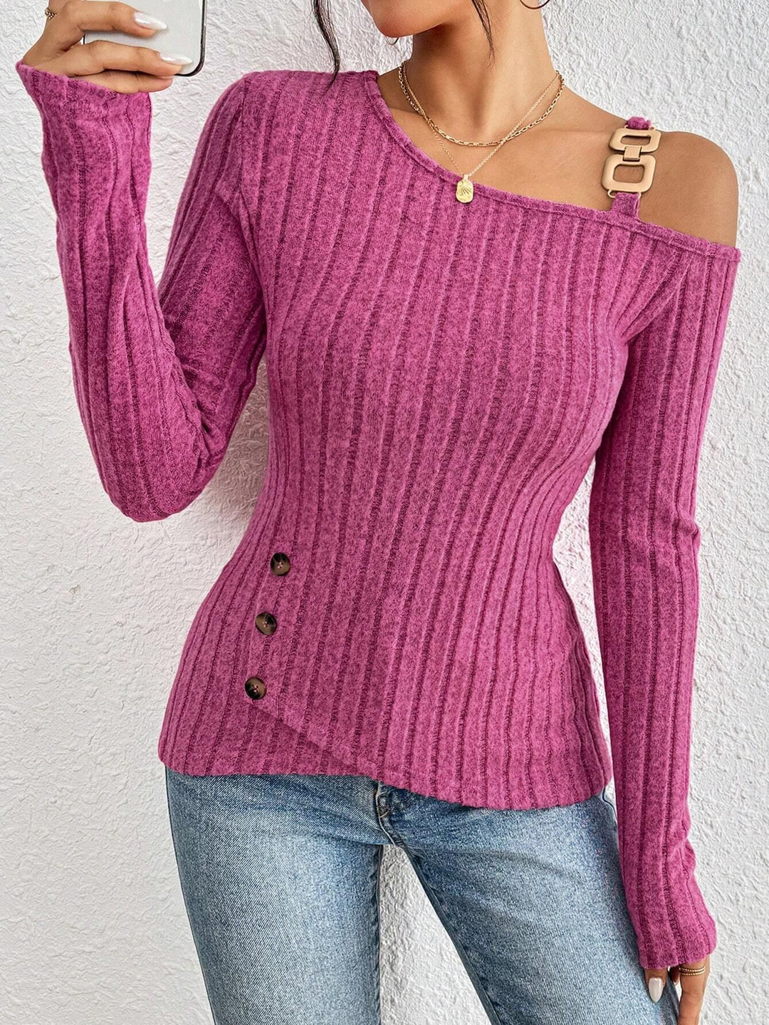 Women's body-hugging ribbed knit top with asymmetric one-shoulder neckline, decorative rectangular strap, and side button placket Mune Fashion