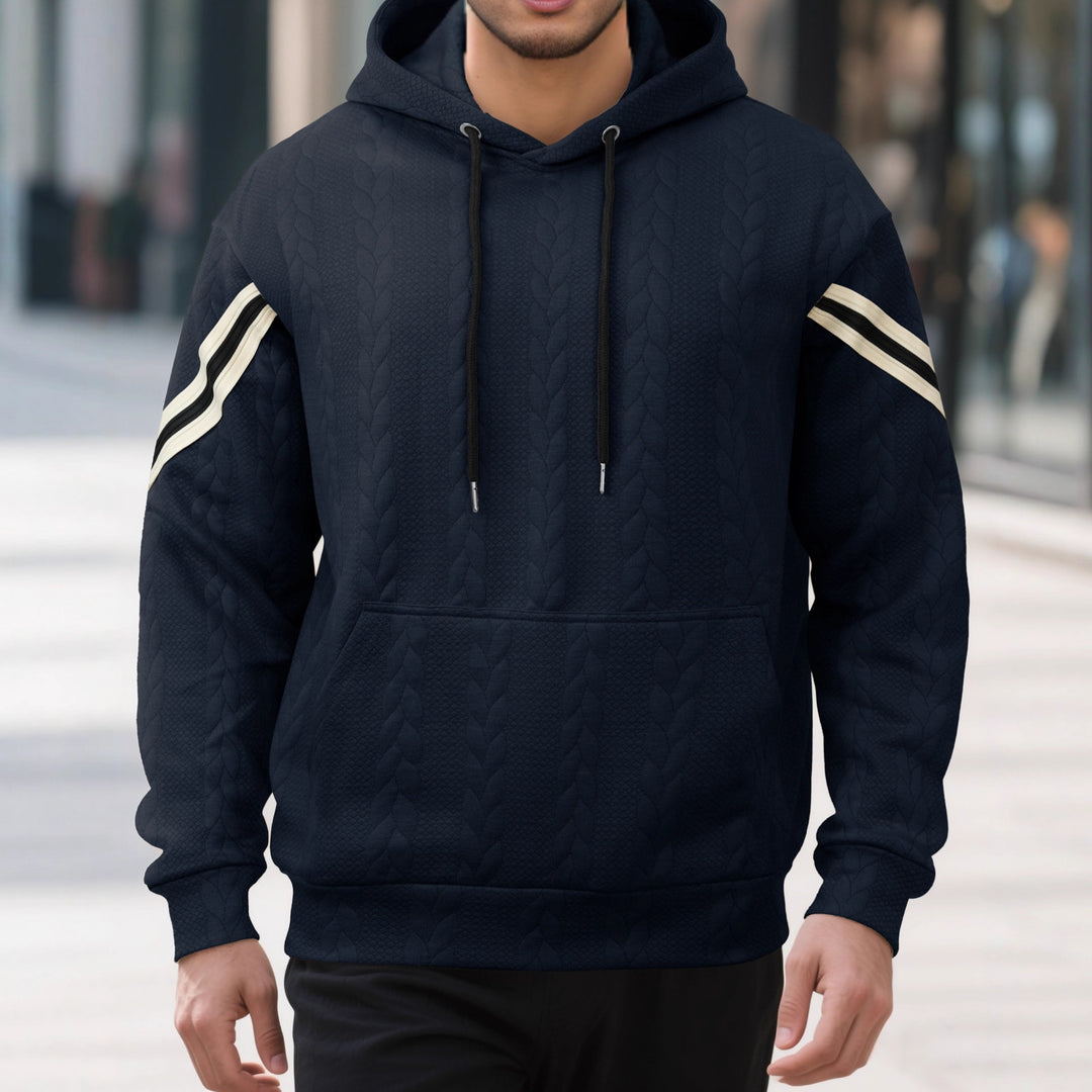 Men's Cable Knit Hoodie with Kangaroo Pocket and Contrast Stripes Mune Fashion