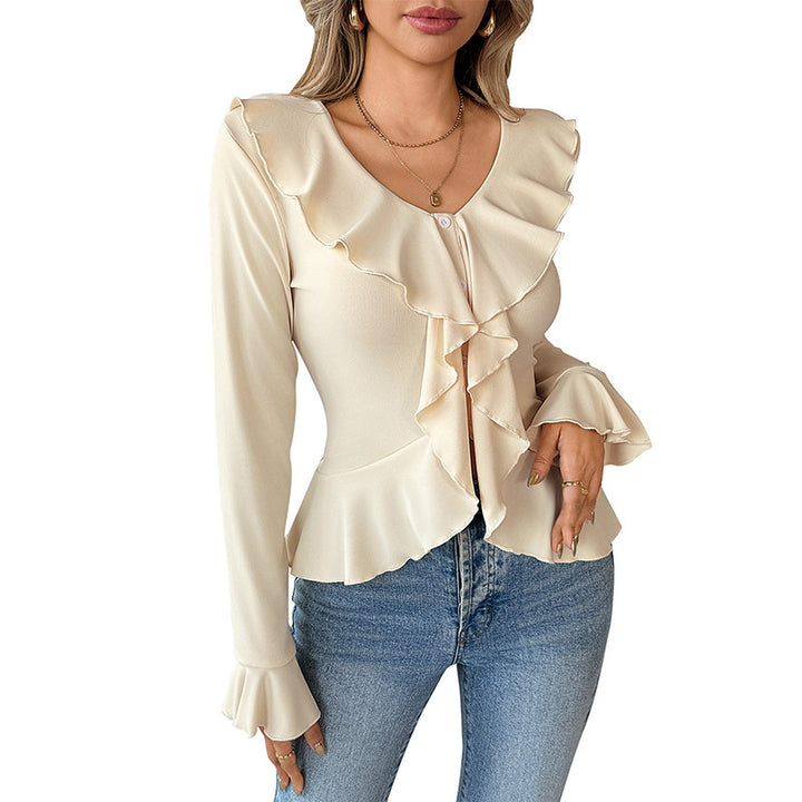 Women's chiffon ruffle blouse with button placket, fitted peplum and ruffled collar Mune Fashion