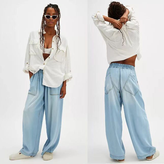 Women wide Lyocell pants with elastic drawstring waistband and large patch front pockets Mune Fashion