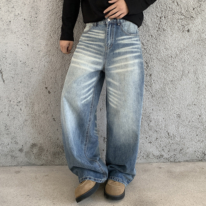 Men's Extra Wide Baggy Denim Trousers with High Waist, Distinctive Whisker Folds and Deep Crotch Mune Fashion