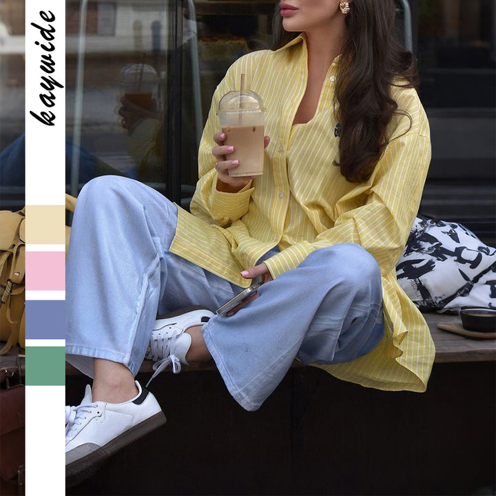 Women's oversized striped shirt blouse with extended back and extra wide cuffs Mune Fashion