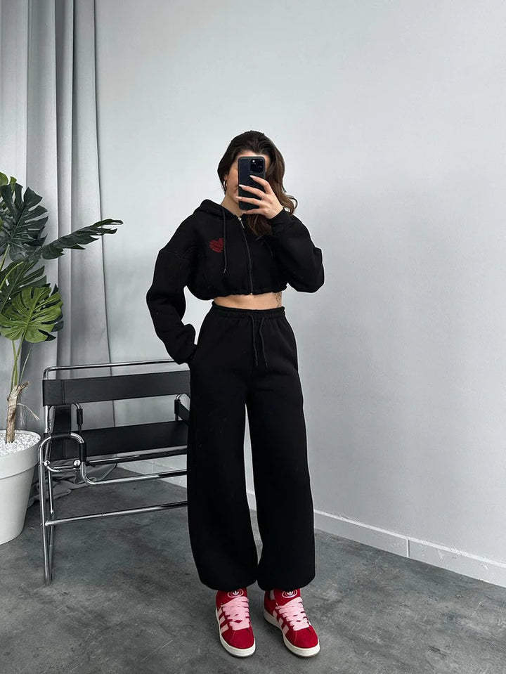 Ladies Cropped Hooded Zip Set with Heart Embroidery and Wide High-Waist Jogging Pants Mune Fashion
