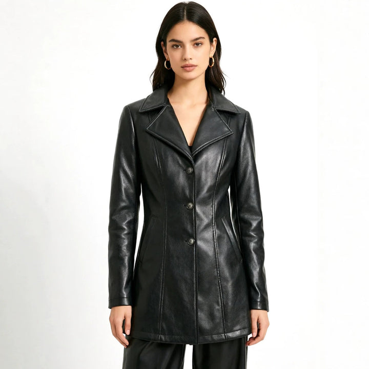 Women's Tailored Knee-Length Coat in Leather Look with Notched Collar and Shaped Seams Mune Fashion