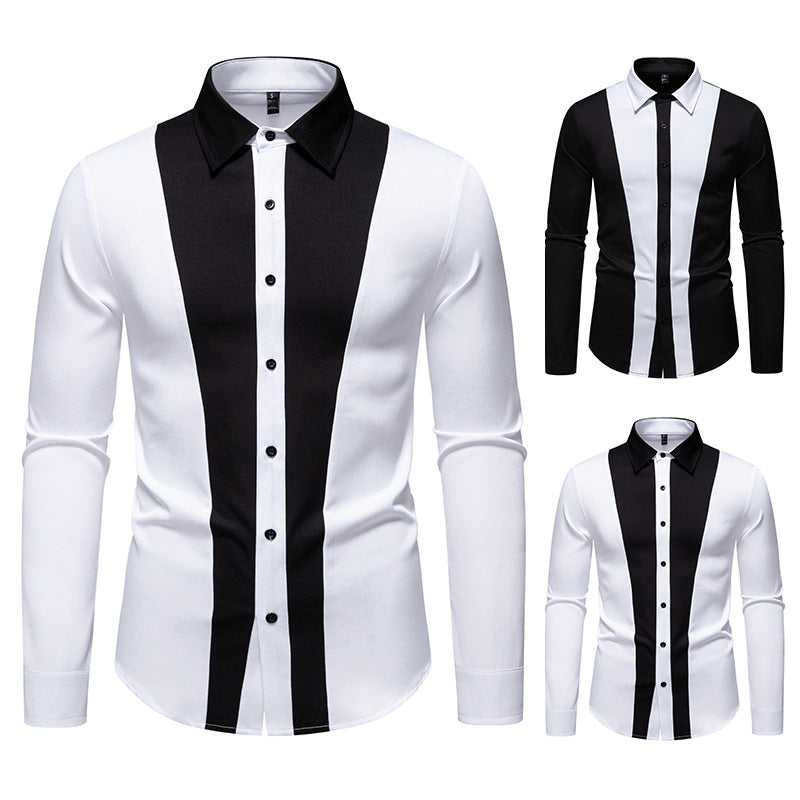 Men's Fitted Long Sleeve Shirt with Contrasting Center Stripes and Kent Collar Mune Fashion