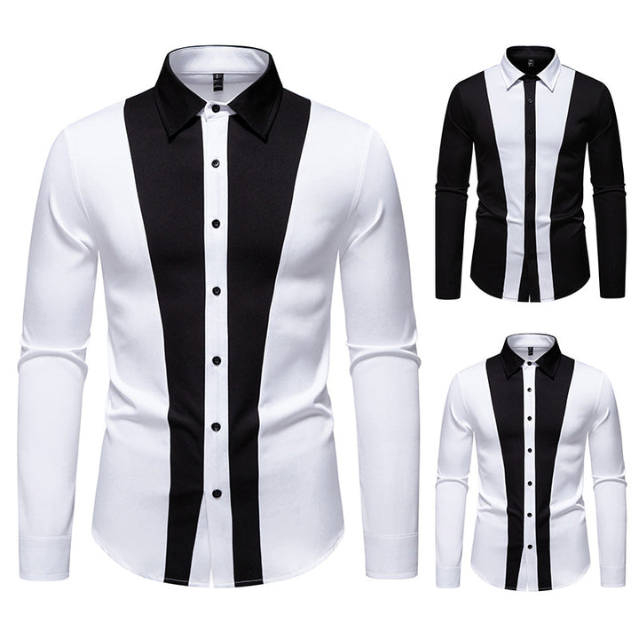 Men's Fitted Long Sleeve Shirt with Contrasting Center Stripes and Kent Collar Mune Fashion