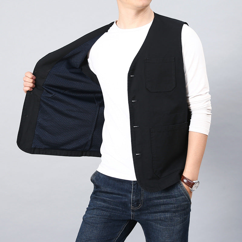 Unisex Canvas Utility Vest with striped lining, patch pockets and button closure Mune Fashion